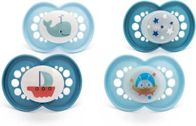 MAM Original - Lot de 4 tétines de jour et de nuit - 18-36 mois - Comprend 2 tétines phosphorescentes - Design orthodontique - Accessoires pour bébé - Bleu (designs variés)