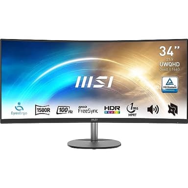 MSI Pro MP341CQ Écran Bureautique Incurvé 34" UWQHD - Dalle VA 1500R, 3440x1440, 100Hz, Confort Oculaire, sRGB 116%, HDR Ready, Haut-Parleurs Intégrés, Inclinaison Réglable - HDMI, DisplayPort