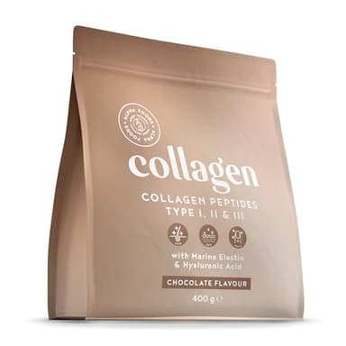 Collagene Poudre [400gr] | Collagen Peptides (Type I, II & III) | Élastine Marin + Acide Hyaluronique | Collagène Hydrolysé en Poudre | Chocolat | Alpha Foods