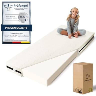 smartwood Matelas 70x160 Enfant – Mousse Matelas 12 cm – Mi-fermé H2 Certifié Oeko-TEX – Réversible – Housse Lavable Anti-Allergique et Respirante | Made in EU
