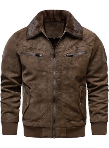 HOOD CREW Veste en Fausse Fourrure pour Homme - Blouson d'Aviateur Vintage - Manteaux d'Hiver en Fausse Fourrure - Vestes en Cuir Doublure Polaire, marron, XL