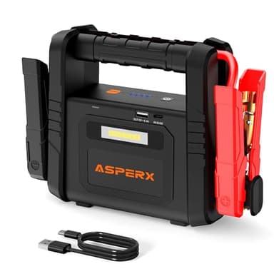 AsperX Booster Batterie Voiture 6000A, Démarreur Batterie Voiture (Jusqu'à Tous Les Moteurs Essence ou Diesel 12L), 12V Chargeur Batterie Voitures avec Lampe LED et Câbles de Démarrage