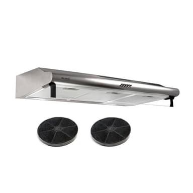Hotte casquette visière GRETA 90 cm – Inox – double moteurs 200 W – débit jusqu’à 420 m³/h – filtres métalliques lavables + filtre à charbon – marque française BELDEKO
