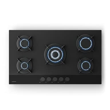 Klarstein Velaire Plaque de Cuisson Gaz 5 Feux - 10400W, Verre, Allumage Électrique, Sécurité Anti-Flamme, Compatible GPL & Gaz Naturel, 90cm, Kit Tuyau & Régulateur