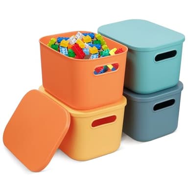 4 pièces de boîtes de rangement en plastique empilables colorées avec couvercles – Petits bacs organisateurs pour étagères, paniers de rangement avec poignée pour cuisine, placard, bureau, salle de