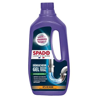 SPADO - Déboucher Gel - Bouchon total eau stagnante - Compatible fosses septiques- Détruit les odeurs - soude minérale concentrée 30% - action dès 15min - 1 L -