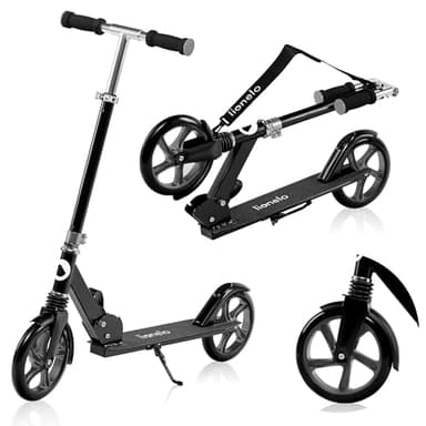 LIONELO Luca trotinette Enfant et Adultes jusqu'à 100 kg, Construction Durable, Pliage, Rapide, Guidon Ajustable, Roues à 20 cm, Amortisseur ShockResist Frein (Noir)