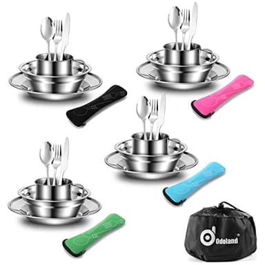 Odoland Set de Couverts Camping 29 en 1, Ustensiles et Bol Soucoupe INOX, Assiette Tasse Couteau Fourchette Cuillère Sac Rangement, Kit de Vaisselle Camping pour 4 Personne Randonnée Pique-Nique