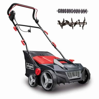 Scheppach Scarificateur électrique SC38 | 1600W | Largeur de coupe 38cm | Grand bac de ramassage de 45 litres | Hauteur de travail réglable -12 à +6 mm | Arbre de scarification et d'aération inclus