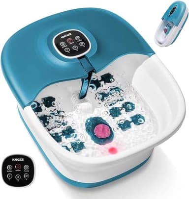 Bain de Pieds Pliable avec Chauffage, Spa Pour Pieds avec Télécommande, 16 Rouleaux de Massage, Bulles, Pierre Ponce, Infrarouge et Minuterie, Température Réglable, Bleu