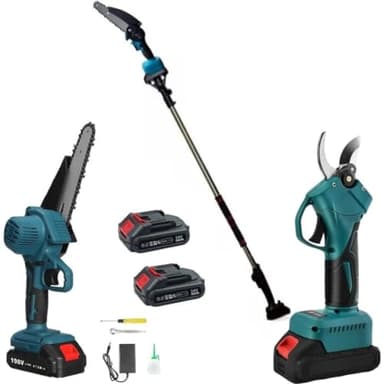 Eleguese sur Perche avec Ciseaux de Taille à Batterie et Tronçonneuse Electriques, Tige Télescopique de 128-248 cm, Kit 3 en 1 Secateur pour Jardin, Branches, Arbustes, Vignobles