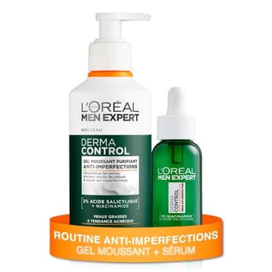 L'Oréal Men Expert - Routine Anti-Imperfections - Gel Moussant Purifiant + Sérum - Enrichie en Acide Salicylique & Niacinamide - Derma Control - 260 ml + 30 ml