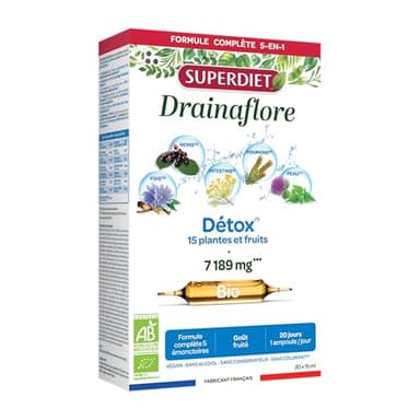 SUPERDIET-DRAINAFLORE BIO - Drainage & Détox- Détox des 5 émonctoires -Fabrication française -20 ampoule de 15 ml