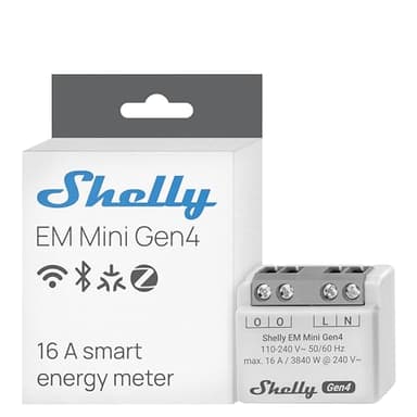 Shelly EM Mini Gen4 – Medidor de consumo eléctrico Matter, Wi-Fi y Zigbee, 1 canal - 16 A 240 VAC, Contador de potencia inalàmbrico, Amperímetro y Voltímetro, Almacenamiento de datos en aplicación