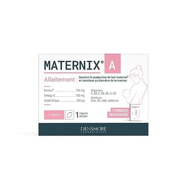 Densmore - Maternix A - Complément Alimentaire Allaitement - 100% des Apports Nutritionnels - Vitamine C, D3 et E, Oméga 3, Zinc - 30 Capsules - Cure de 1 mois - Fabriqué en Europe