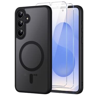 Coque pour Samsung Galaxy S25 5G Compatible avec MagSafe avec 2 Verre Trempé, Magnétique Etui Translucide Mat Arrière Housse, Protection D'objectif Ultra Fine Antichoc Case pour Samsung S25 5G, Noir