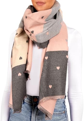 BRUBAKER Cashmirillo Echarpe Femme avec Motif Cœur - 70 x 200 cm - Chaude, Douce et Oversized - Echarpe en Laine pour l'Automne et l'Hiver - Douce sensation de Cachemire - Rose, Gris et Beige
