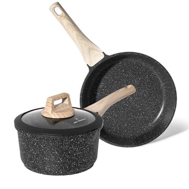 Just Perfecto Lot De Poêle 20cm + Casserole 18cm Avec Couvercle, Ensemble de Cuisine Compatibles Induction, Revêtement Antiadhésif Sans PFAS ni PFOA, Aluminium Haute Qualité, Poignée Thermo-isolées