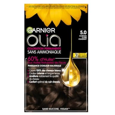 Garnier Coloration Permanente - Sans Ammoniaque - Aux Huiles Naturelles de Fleurs - Châtain Clair Fondant (5.0) - Olia