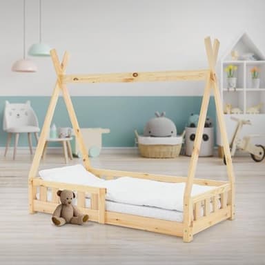 ML-Design Lit d'enfant Tipi Nature avec Protection Contre Les Chutes en Pin Massif Naturel 140x70 cm Sommier À Lattes Et Grille De Sécurité Style Maison Indien Tente De Jeu pour Enfants