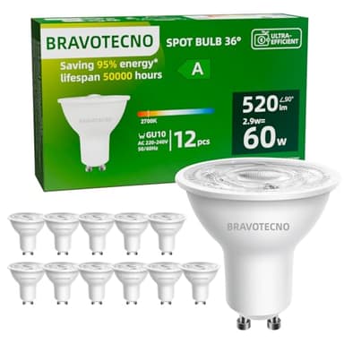 bravotecno Ampoule GU10 LED, Classe Énergétique A, GU10 LED Blanc Chaud 2700K 2.9W 520LM, Spot GU10 36° Équivalent à 60W, Non Dimmable, Chaleur Faible & Durable, Lot de 12