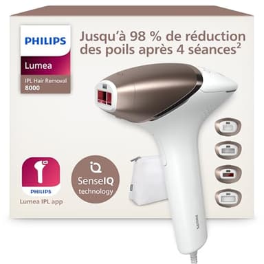 Philips Lumea série 8000, Épilateur à lumière pulsée, alternative à l'épilation laser, technologie SenseIQ, 4 accessoires pour le corps, le visage, le maillot et les aisselles, modèle BRI948/00
