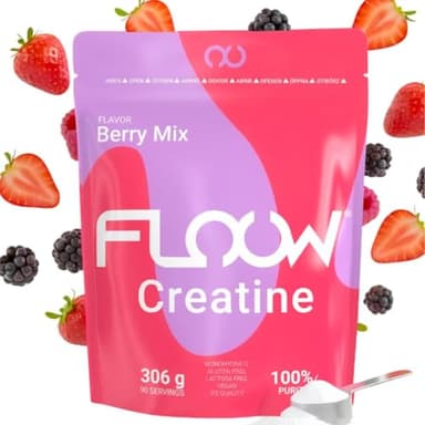 FLOOW – Creatine Monohydrate en Poudre Saveur Berry Mix – 306 g (90 Doses) – Créatine Pure sans Sucre ni Maltodextrine – Créatine Micronisée 200 Mesh – Complément Sportif pour la Masse Musculaire