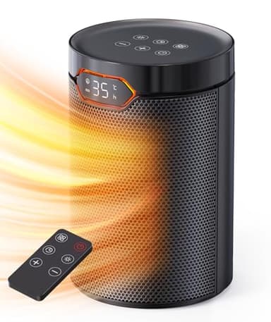 QEXREED Chauffage d'appoint, Mode Éco, 1500W PTC, 4 Modes Chauffants, Mode Brise, Thermostat, Minuterie 24H, Télécommande, Protection Anti-Surchauffe & Chute, Portable & Silencieux pour Maison, Bureau