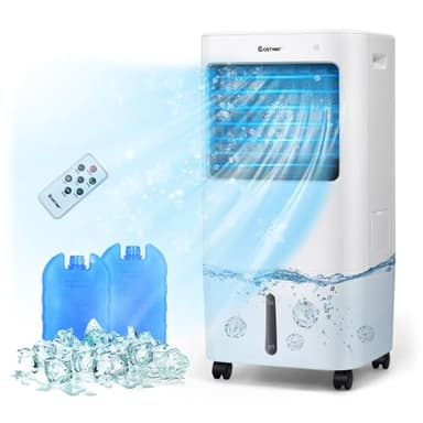 COSTWAY Rafraîchisseur d'Air Silencieux 4 EN 1,Climatiseur Mobile sans Évacuation 20L,65W,Auto-Oscillation,Refroidissement,Ventilateur,Humidificateur,Purificateur,2 Pain de Glace,Mini Clim Portable