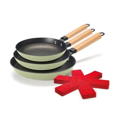 QDESIGN Lot de 3 Poêles ultra légère en fonte structure nid d'abeille, manche en bois + 3 protège-poêles, extra anti-adhésif anti-rayures sans PFOA - tous feux dont induction - Vert, Ø 20/24/28 cm