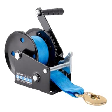 Güde Treuil de sangle GGHW 540/8 (force de traction maximale 540 kg, longueur de sangle 8 m, largeur de sangle 5 cm, crochet de charge avec ouverture goutte, levier de verrouillage, manivelle avec