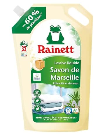 RAINETT - Lessive Liquide - Tensioactifs d'Origine Végétale - Efficace Dès 20° - Ecolabel - Savon de Marseille - 32 Lavages - Éco-Recharge 1,6 L