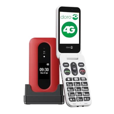 Doro - Leva L30 - Téléphone Portable Senior - Téléphone À Clapet 4G Débloqué - Écran Externe - Son HD - Appareil Photo -Touche d'Assistance avec GPS - Socle Chargeur Inclus - Rouge/Blanc