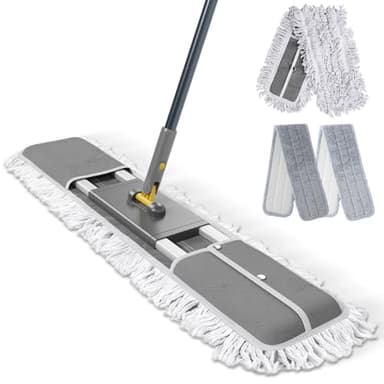 Eukue Balai Serpillère Professionnel, 90cm Grande Serpillère en Microfibre avec 3 Tampons, Balais à Plat Serpillere Coton avec Manche INOX, Balais Nettoyer Sol pour Bureau, Garage, Entrepôt