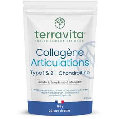 Collagène Articulations en Poudre | Peptides de Collagène Marin Peptan® & Cartidyss® Types 1 et 2 + Chondroïtine Chondro’Sea® + Vitamine C | 30 Jours de Cure | Made in France | Terravita
