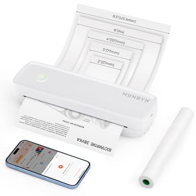 MUNBYN ITP04 Imprimante Thermique A4, Imprimante sans Encre Bluetooth Portable pour Le Voyage, Compatible avec Les Téléphones et Ordinateurs Portables Android et iOS, Blanc