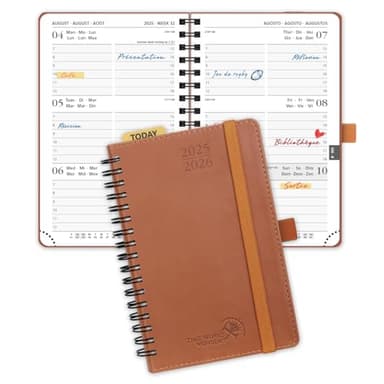 POPRUN Agenda De poche 2025 2026 Semainier 16 x 10,5 cm D'Août 2025 à Déc 2026 - A6 Petit Planner Scolaire 17 Mois, Couverture Souple Spirale, Règle et signet, Papier 80g/m², Marron