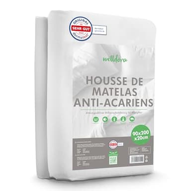Welldora | Housse de Matelas Anti Acarien de Première Qualité | Protège Matelas Anti Allergies Testé| Housse avec Fermeture Éclair | Linge de Lit pour Personnes Allergiques (90x200x20cm)