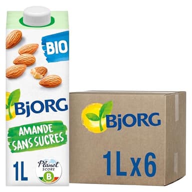 BJORG - Lait d'Amande Sans Sucre - Lait Végétal Bio - Pauvre en Acides Gras Saturés - 1 L x 6