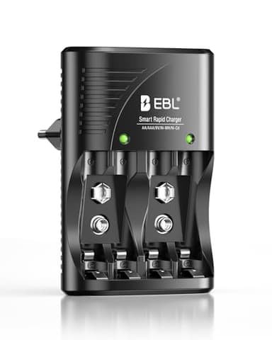 EBL Universel Chargeur de Piles Direct, pour AA/AAA et 9V Piles Rechargeables, Chargeur 6802 pour AA AAA NI-MH et 9V Piles Rechargeables avec Indicateur LED, Adaptateur Secteur 100-240V