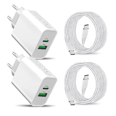 2Pack Chargeur USB C 25W & 18W et Cable pour Samsung Galaxy A55 5G A25 A35 A54 A34 S24 Plus Ultra/S23 FE A15 A53 A14 A33 A23 A05S/S22 S21,iPhone 15 Double Port Rapide Type C Prise Adaptateur Secteur