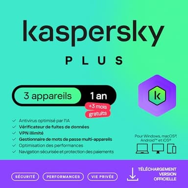 Kaspersky Plus Internet Security 2026 | 3 appareils | 1 An +3 Mois Gratuits | Anti-Phishing et Pare-feu | VPN illimité | Gestionnaire de mots de passe | Protection bancaire | PC/Mac/Mobile | Par email