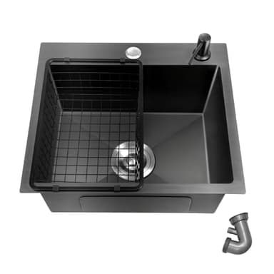OUBUBY Évier Noir en Granit 40×45cm Évier Noir Évier de Cuisine Rectangulaire Évier en Granit à Encastrer, Lavabo de Cuisine, Petit Évier de Cuisine, Évier Simple avec Trous pour Robinet, 1 Bac Évier