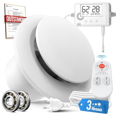 SBONNI 3 Vitesses Extracteur d'Air Automatique Détecteur Humiditer et Température, Minuterie, Télécommande, 100mm VMC Salle de Bain Hygroréglable, Silencieux et Puissant Ventilation P109