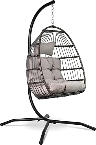 VITA5 Fauteuil Oeuf Suspendu Jardin avec Cadre en Acier - Balançoire Suspendue en Rotin - avec Grand Coussin et Appuie-Tête – Chaise Exterieur Terrasse Pliable et Hauteur Reglable - Capacité 150 kg
