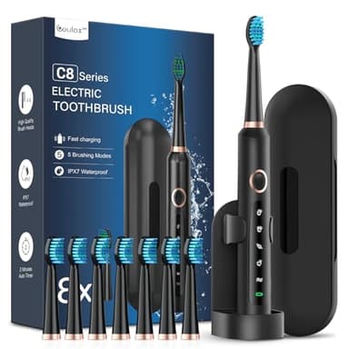 Brosses à Dents Électriques Soniques Adultes avec 8 Têtes - Brosse à Dents Électrique avec Étui de Voyage, 5 Modes et IPX7, Brosses à Dents Électriques à Ultrasons pour Femmes Hommes, Noir Foncé