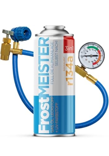 FrostMEISTER Kit de recharge complet 3 en 1 pour climatisation de voiture (400 ml + tuyau manomètre) – Comprend un remplacement de gaz, de l'huile du compresseur et du mastic pour une mise à niveau