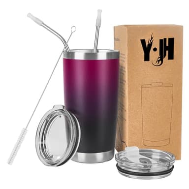 Y·J&H 20oz (550ml) Gobelet de voyage Tasse à café à paroi double isolée sous vide acier inoxydable,avec 2 couvercles anti-éclaboussures, 2 pailles et brosse de canalisation, sans BPA - Violet&Noir