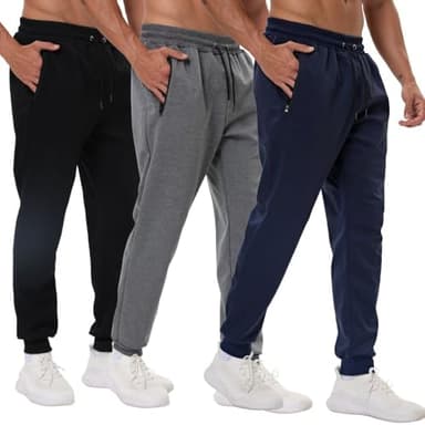 Bsrpolry Lot de 3 pantalons de survêtement athlétiques pour homme avec poches zippées, pantalon de jogging pour homme, Noir/gris foncé/bleu marine, M