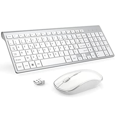 JOYACCESS Clavier Souris sans Fil, 2,4Ghz Ultra-Fins Compacte Clavier, Portable Silencieux 2400 DPI Ergonomique Clavier Souris pour PC, Smart TV, Ordinateur (AZERTY Disposition) - Blanc Argent
